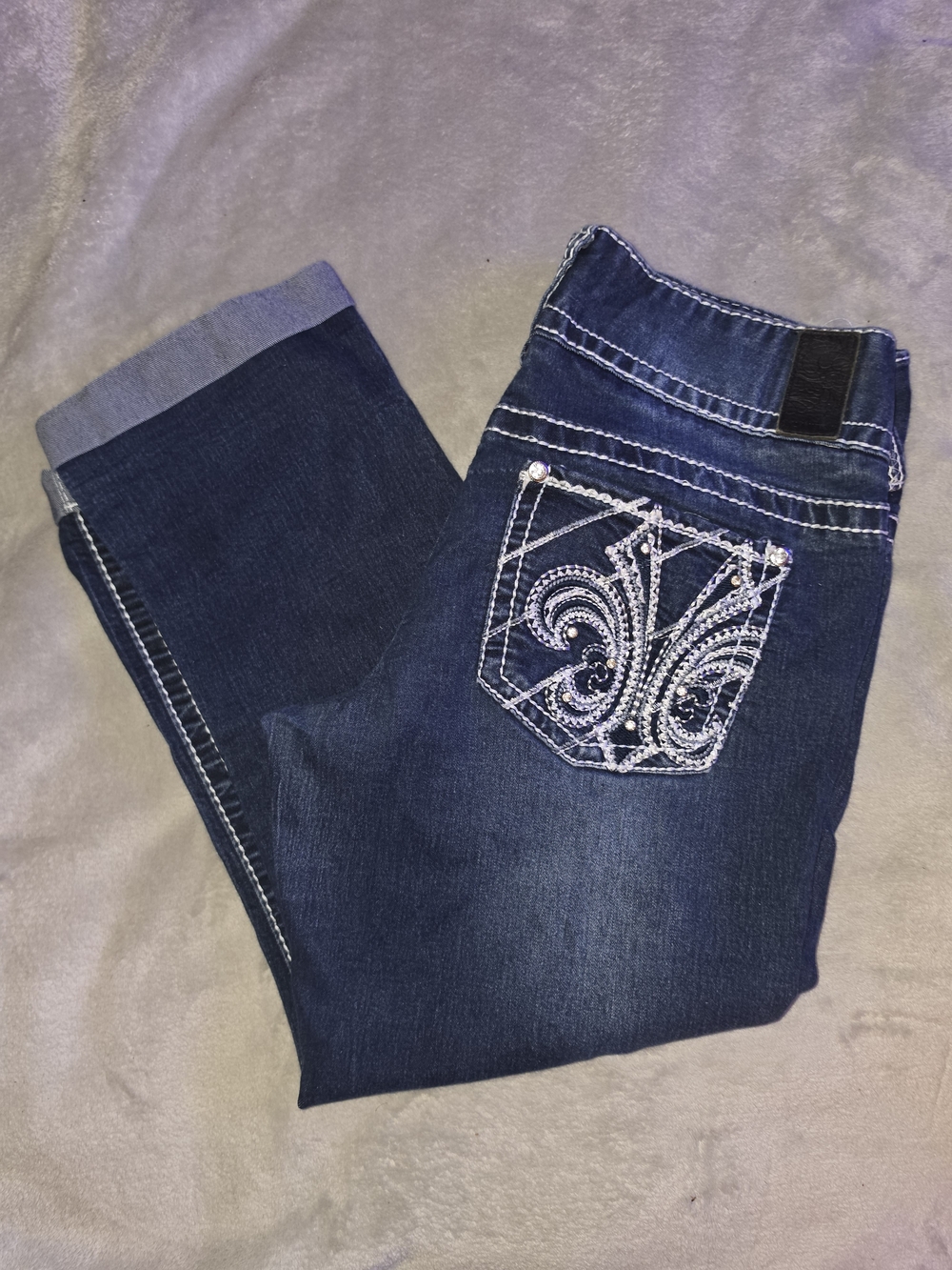 Vanity Dark Blue Capris with Emproidered Rhinestone Pocket